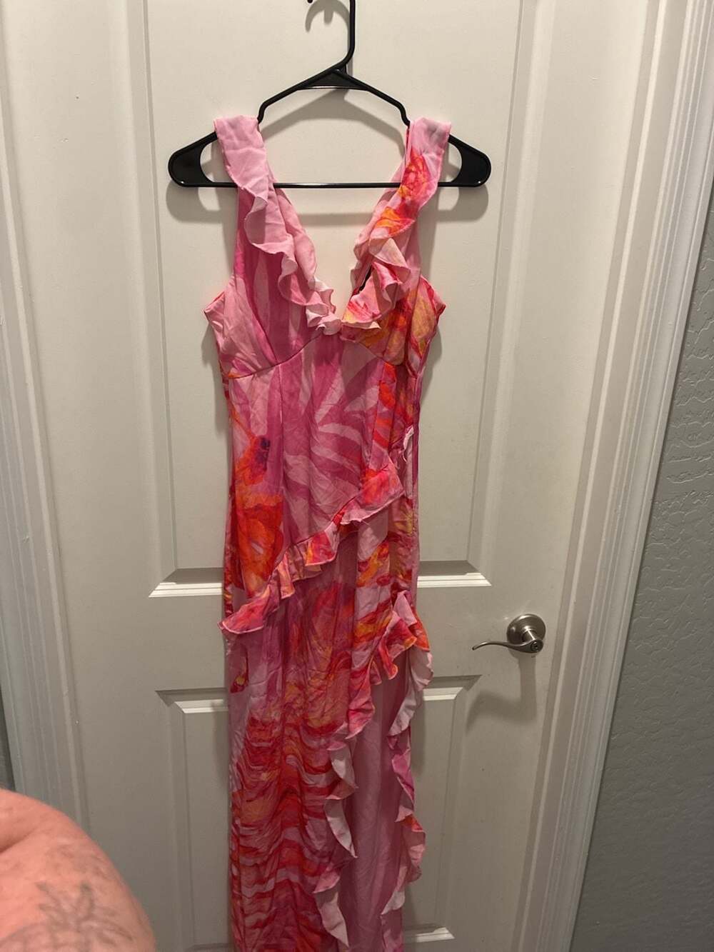 PrettyLittleThing Pink Floral Asymmetric Frill Split Maxi Dress